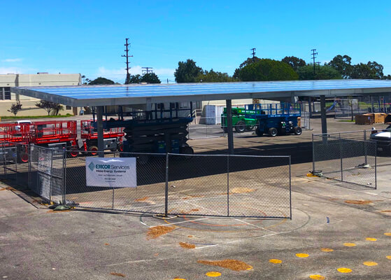 View of the construction phase of the solar canopies installation in Long Beach